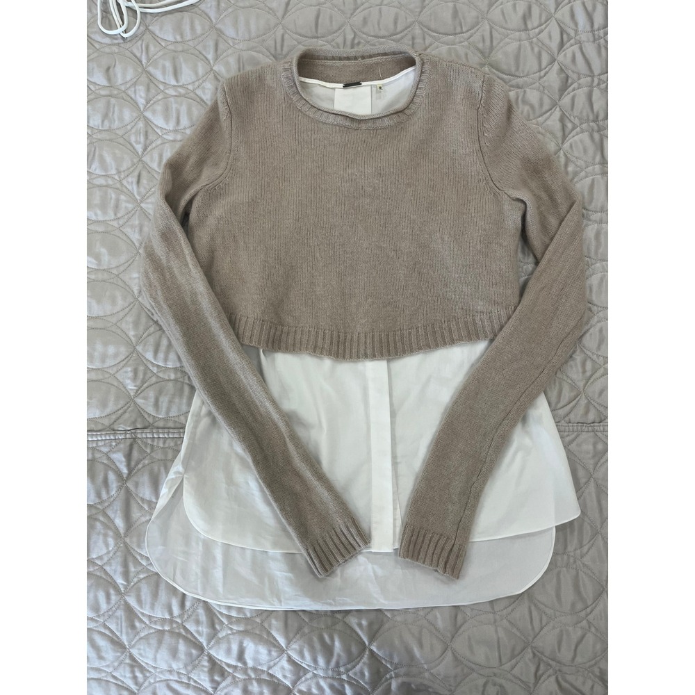 Elie Tahari Mixed Media Sweater Womens XS Tan Cashmere White Blouse 2in1